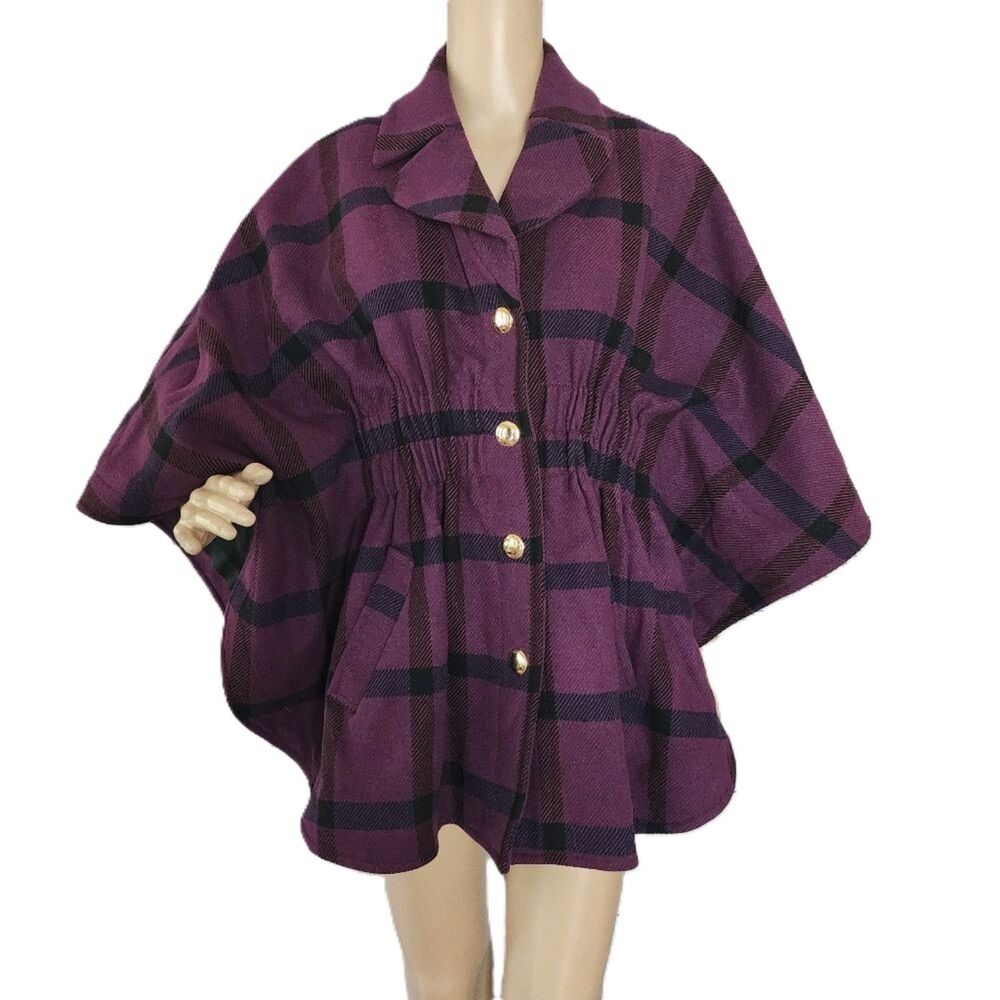 Sunner Made in USA Plaid Wool Cashmere Ruched Waist Cape Coat Jacket Small